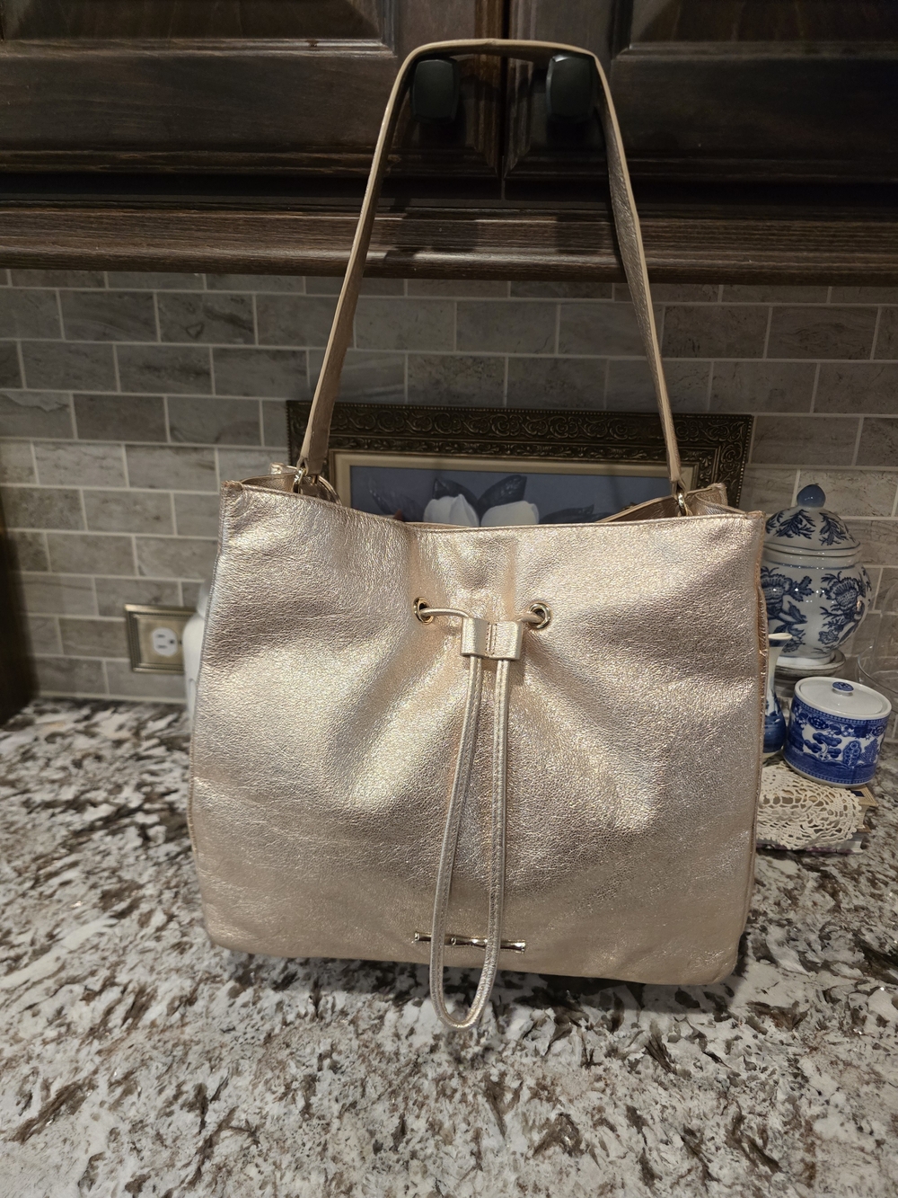 Elaine Turner Women's Metallic Rose Gold Tote Bag - Stylish Shoulder Handbag